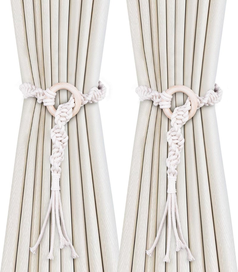 SRG Handmade Boho Curtain Tiebacks Hand Knitting Cotton Curtain Holdbacks with Adjustable Natural Wooden Rings Accessories Wall Decoration for Home Office - Image 1